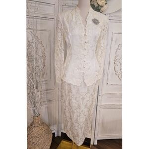 Jessica McClintock Vintage 80's Bridal Ivory Lace Victorian Blazer Skirt Suit